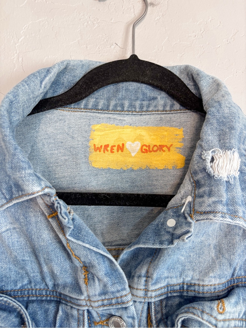 Wren+ Glory All We Need Is Love Distressed Denim Jacket Medium - Picture 4 of 8
